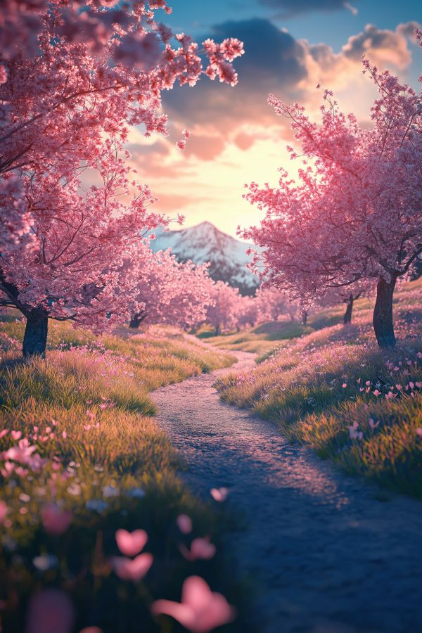 Amazing Beautiful Nature Scenery with Path Around Blooming Colorful Trees Free Image