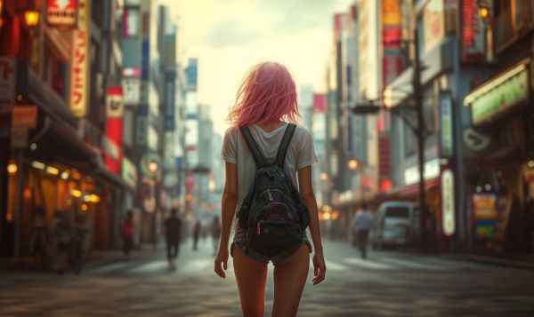 Anime Girl with Pink Hair in the Middle of the Street Free Image