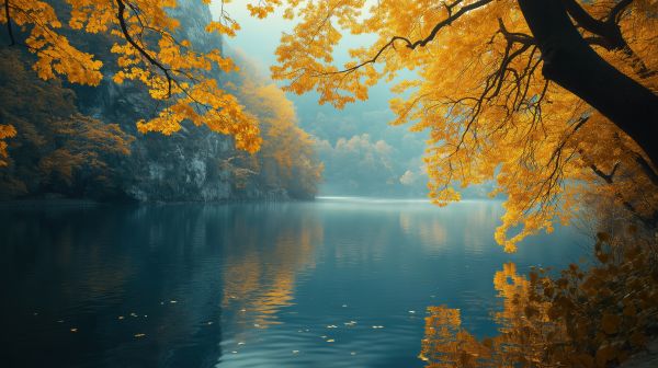 Beautiful Autumn Nature with Trees of Yellow Leaves Free Image