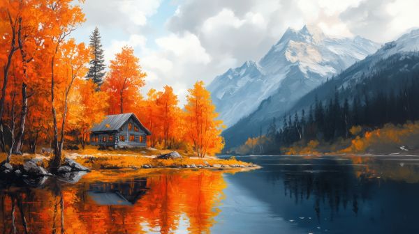 Beautiful Fall Natural Scenery Painting Cabin by a Lake Free Image