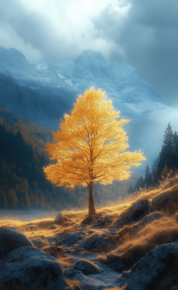 Beautiful Glowing Autumn Tree with Yellow Leaves Free Image
