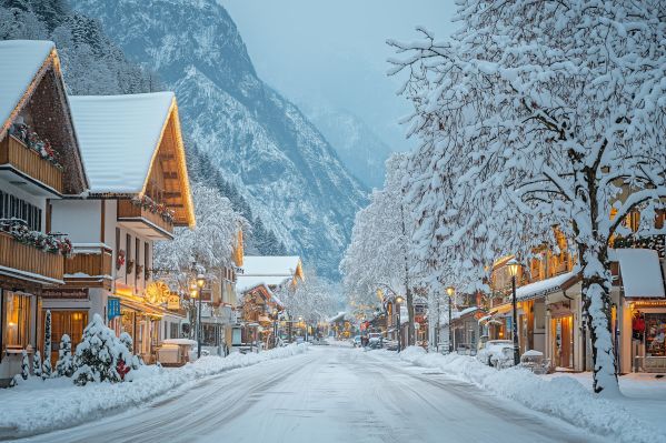 Beautiful Winter Snowy Street of a Mountain Town Free Image