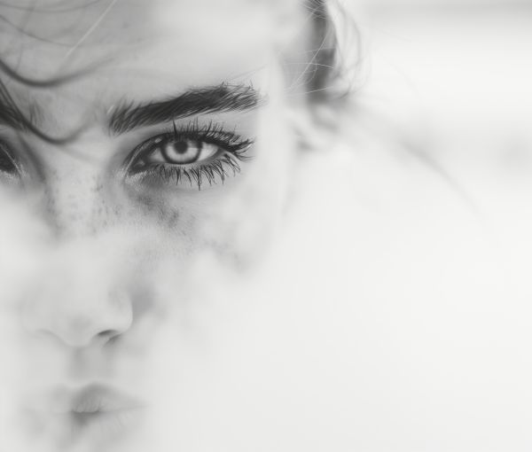 Black and White Portrait of a Woman Hiding in White Smoke Free Image