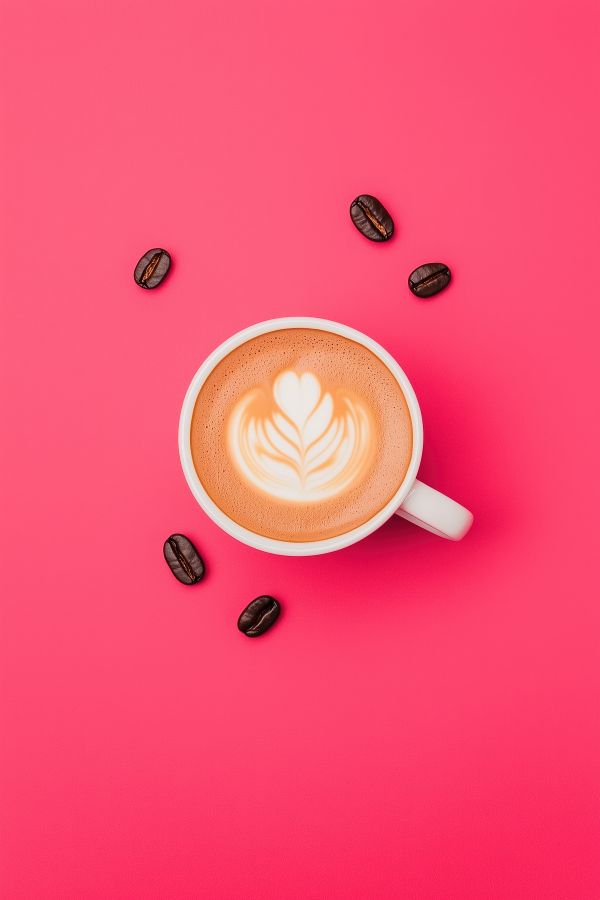 Coffee Cup on Pink Background with Beans Flat Lay Free Image