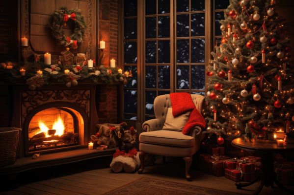 Cozy Christmas Living Room with Fireplace at Night Free Image