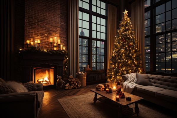Cozy Loft Living Room with Big Christmas Tree Free Image