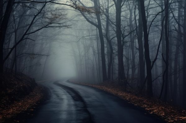 Dark Spooky Road in Fog Free Image