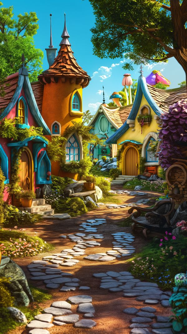 Fairytale Cartoon 3D Scenery with Colorful Houses Free Image
