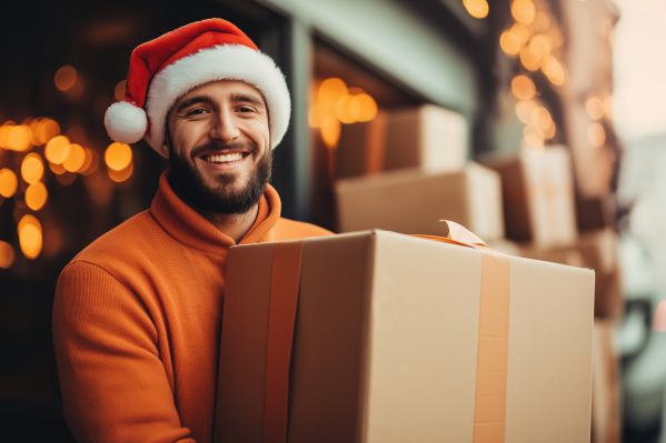 Family Dad in Santa Hat Receiving Package From Delivery Company Free Image