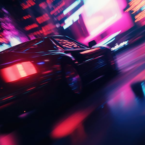 Fast Vintage Car Driving Wildly in Neon City Free Image