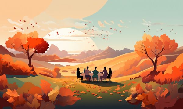 Group of Friends Celebrating Thanksgiving in Beautiful Autumn Landscape Free Image