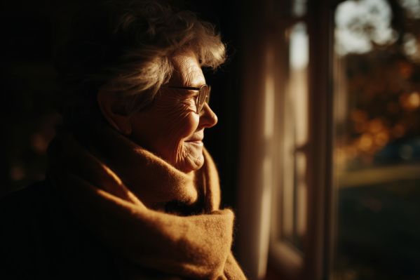 Happy Grandmother Looking Out the Window Into the Fall Garden Free Image