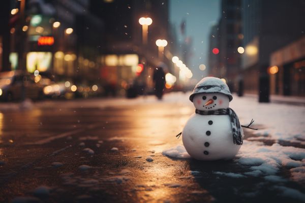 Happy Tiny Snowman in City Street Free Image
