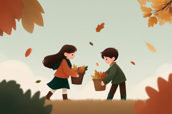 Illustration of Children Playing in Autumn and Collecting Leaves Free Image