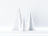 Three christmas tree on white shelf, background for greeting card