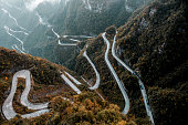 High altitude view of a long slithering curvy mountain road of Zhangjiajie (张家界), on Tianmen mountain (天门山)
