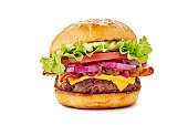 Juicy hamburger on white background