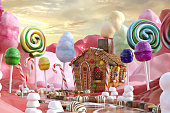 Magical Candy Land scene with a ginger bread house, 3d render.
