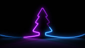 Glow neon light Christmas tree isolated on black background.