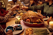 Close up of stuffed turkey during Thanksgiving meal with family toasting in the background.