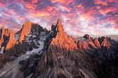 Pale di San Martino mountain group in sunset time