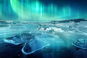 Aurora borealis in Jokulsarlon glacial lagoon