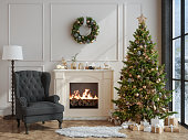 Modern Living Room Interior With Christmas Tree, Gift Boxes, Ornaments, Armchair And Fireplace