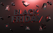 Red Spotlights on Black Background with Flying Percentage Signs, Shopping Bags and Black Friday Text Among Them
