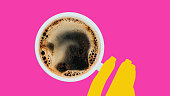 Contemporary art collage. Yellow hand reaches for white cup filled with black coffee against vibrant pink background. Cozy mornings.