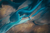 Aerial view of braided river in Icelandic landscape