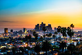 Los Angeles California Skyline with Palm Trees at Sunset