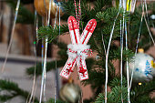 Christmas toys on the branches of the Christmas tree, New Year's Christmas decor, New Year's balls background