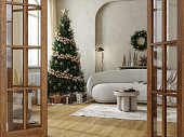 Cozy Living Room Interior with Christmas Tree, Holiday Decorations, and Gifts Viewed Through Wooden Doorway