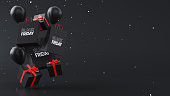 Black Friday Concept of Gift box, Balloons and Shopping bag on Black Background