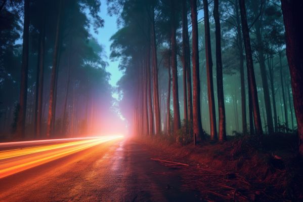 Lights of Passing Cars in the Middle of a Dark Forest Free Image