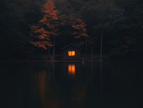 Lonely but Romantic Cabin by the Lake in Fall Free Image