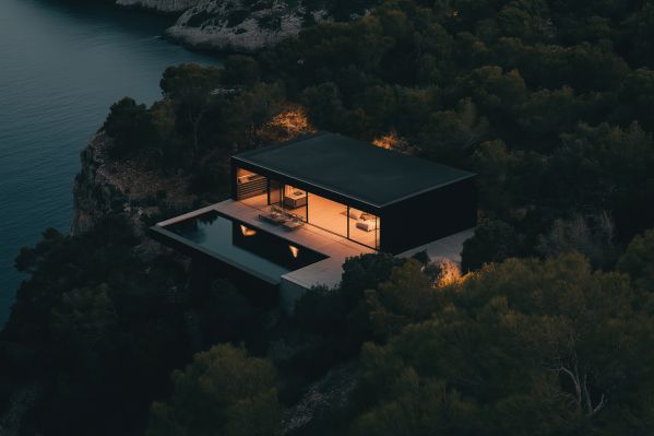 Luxury and Minimalistic Black Villa with a Pool on the Rocky Coast Free Image