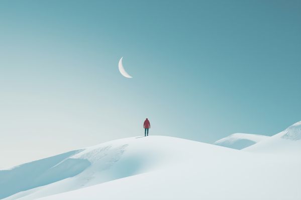 Man on a Snowy Hill with the Moon Free Image