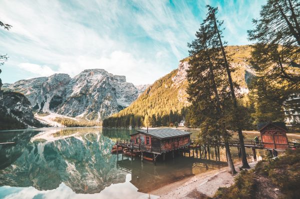 Old Wooden House on Braies Lake, Italy Dolomites Free Photo