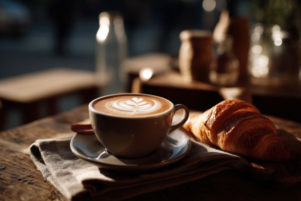 First Morning Coffee and Croissant in Café at Early Morning Sun Free Image