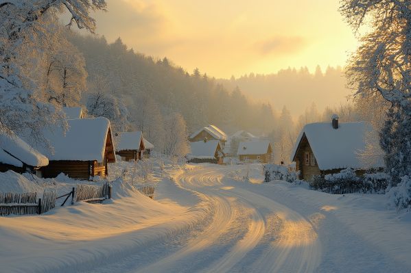 Picturesque Mountain Winter Village Under Heavy Snow Free Image