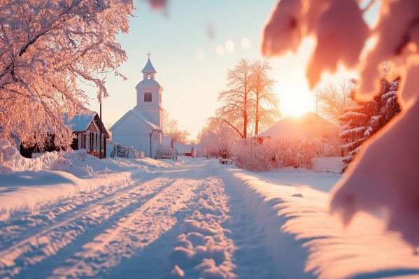 Picturesque Snowy Village with a Church Free Image