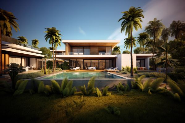 Rendering of Modern Tropical Villa with Swimming Pool Free Image