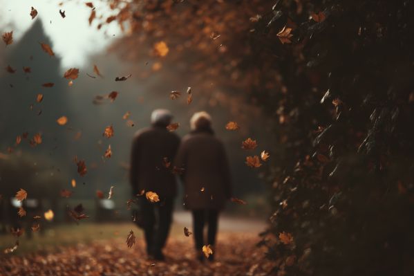 Romantic Sensitive Fall Background of Senior Couple on Autumn Walk Free Image