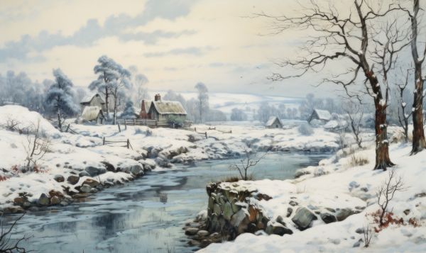 Snowy Winter Scenery Beautiful Village and River Romantic Painting Free Image