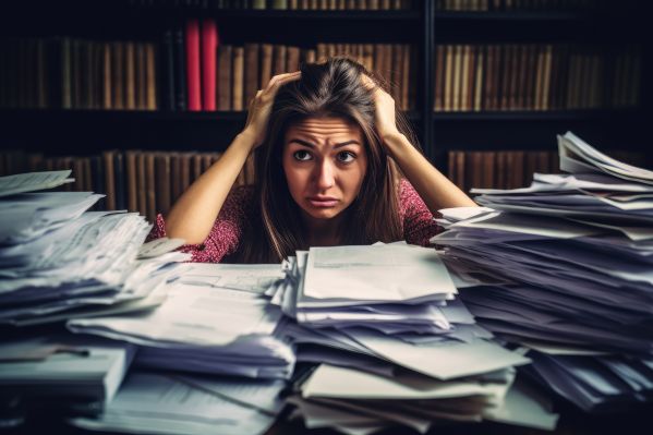 Stressed Unhappy Woman Overwhelmed by Office Documents Free Image