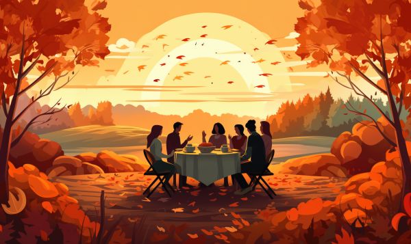 Thanksgiving Day Group of Friends at Thanksgiving Dinner Table in Beautiful Autumn Scenery Free Image